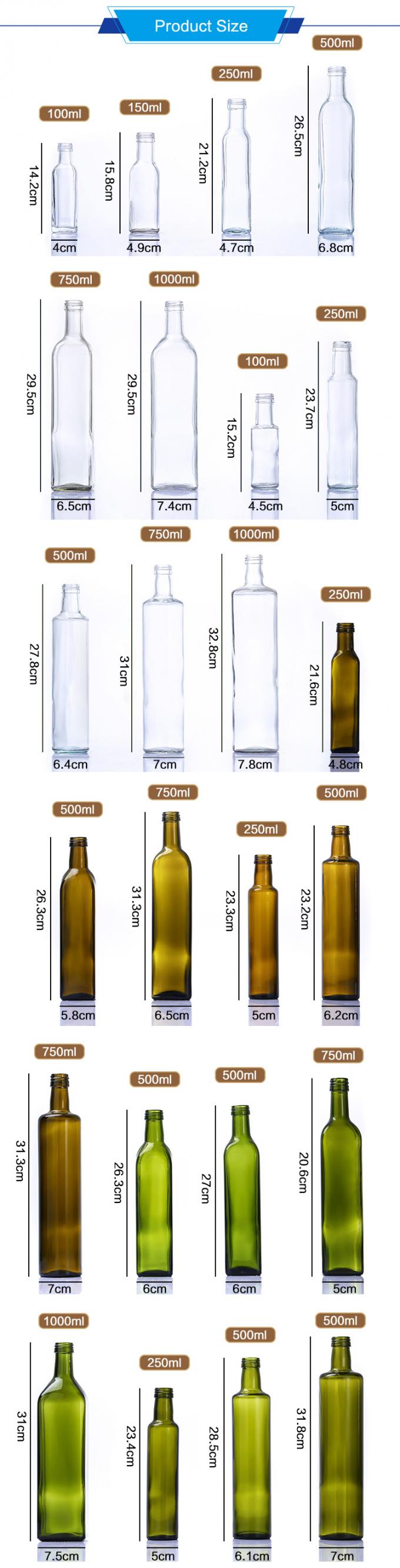 Food Grade 250ml 500ml 750ml 1000ml Transparent Green Olive Oil Glass Container for Kitchen Cooking