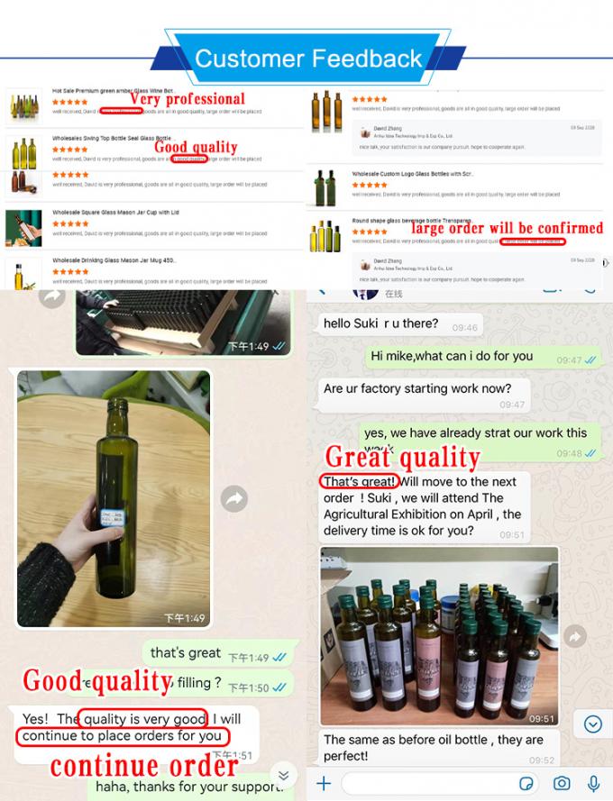 Food Grade 250ml 500ml 750ml 1000ml Transparent Green Olive Oil Glass Container for Kitchen Cooking