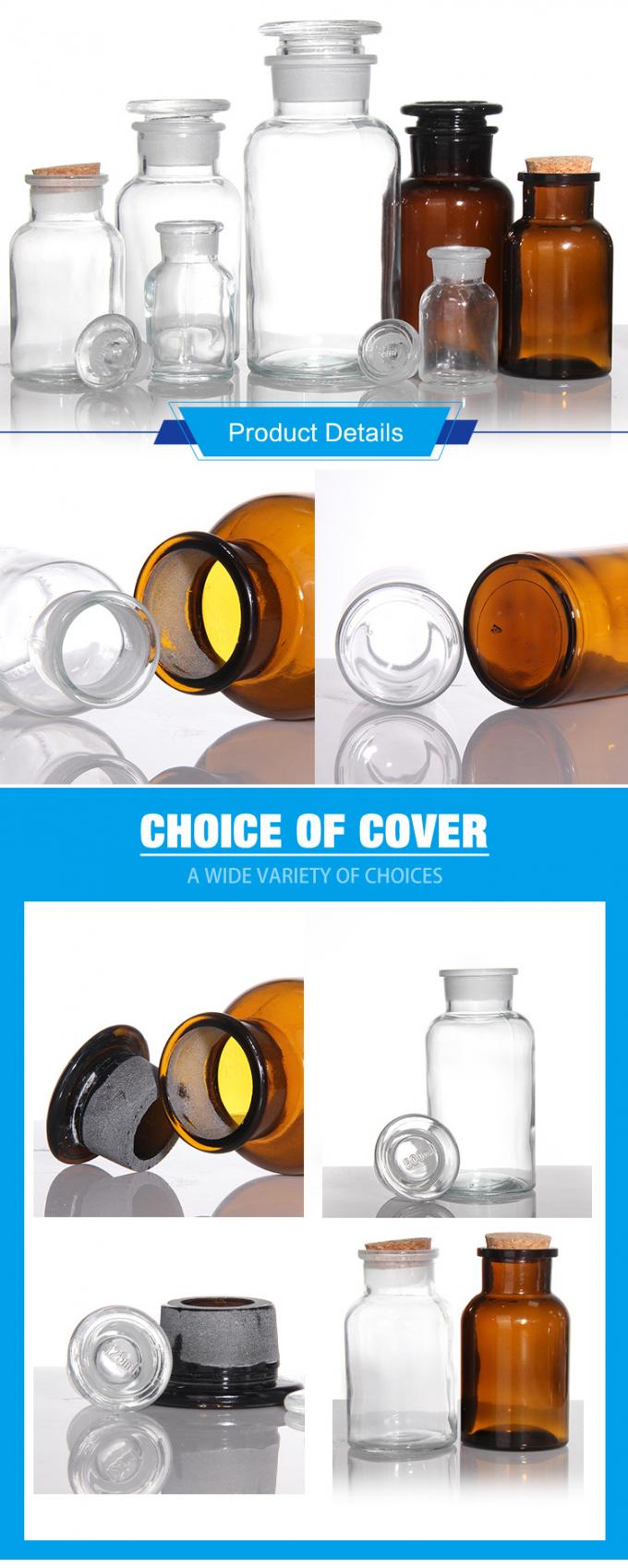 250ml 500ml 1000ml Round Clear Wide Mouth Apothecary Jars Reagent Glass Bottle with Cork Lids