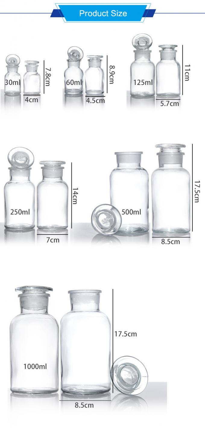 250ml 500ml 1000ml Round Clear Wide Mouth Apothecary Jars Reagent Glass Bottle with Cork Lids