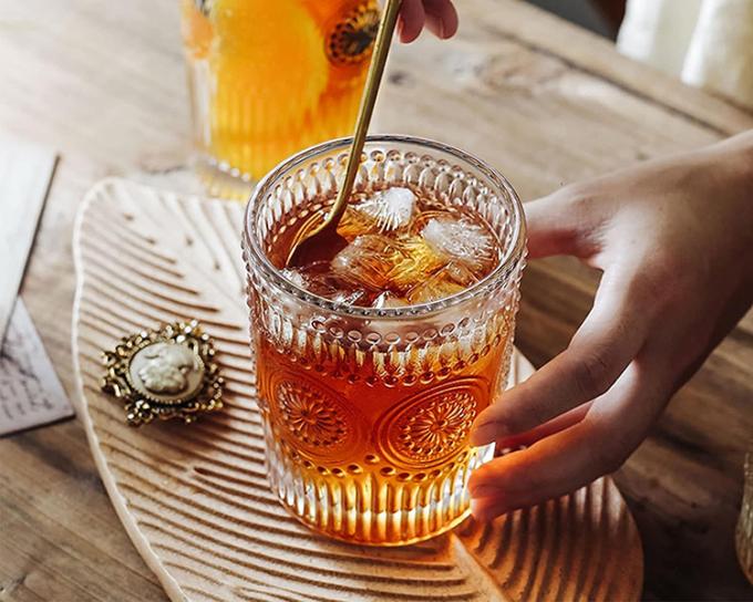 Frosted Crystal Drinking Glasses Embossed Sunflower For Coffee Water 0