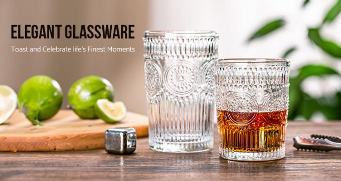 Vintage Sunflower Embossed Glass Cups Ribbed Whisky Wine Glasses