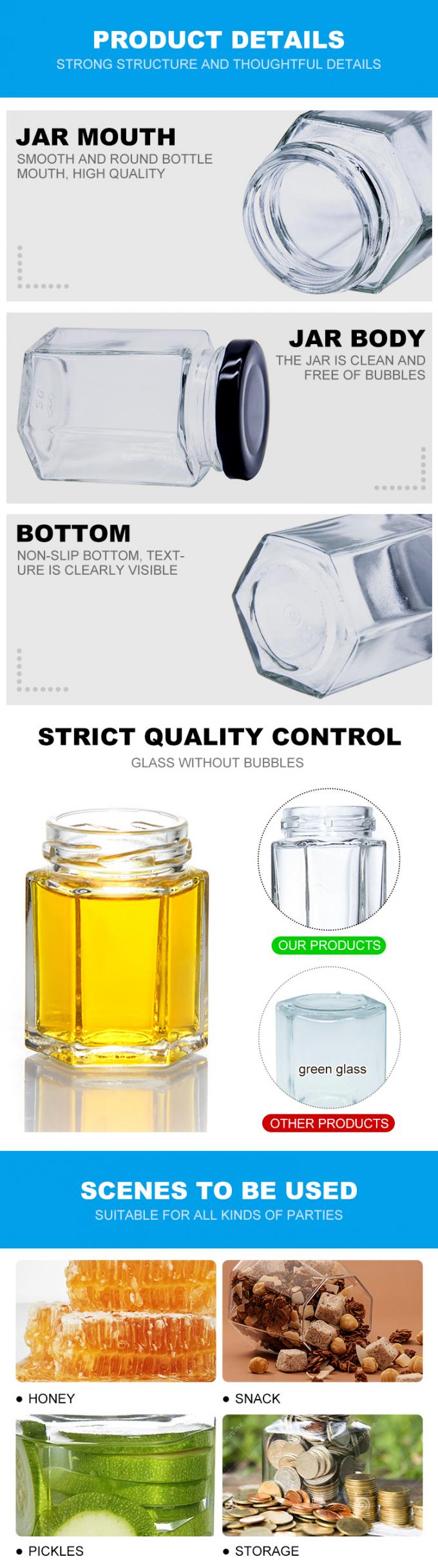 Hexagonal Pickle Glass Pasta Jars Square Food Glass Storage Jars 16Oz 3