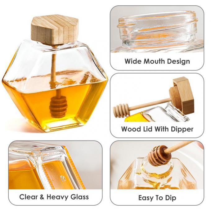 100ml 220ml Hexagonal Glass Food Jars With Lids Dipper For Honey 1