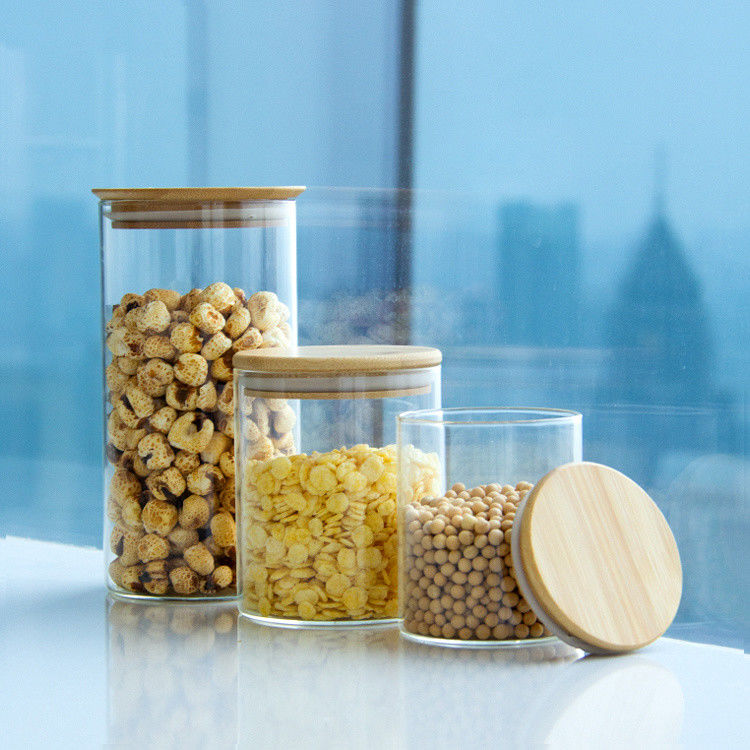 Eco-friendly High Borosilicate Food Airtight Kitchen Glass Storage Jars With Bamboo Wooden Lids