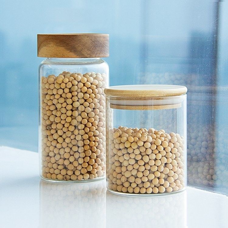 Eco-friendly High Borosilicate Food Airtight Kitchen Glass Storage Jars With Bamboo Wooden Lids