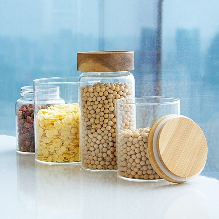 Eco-friendly High Borosilicate Food Airtight Kitchen Glass Storage Jars With Bamboo Wooden Lids