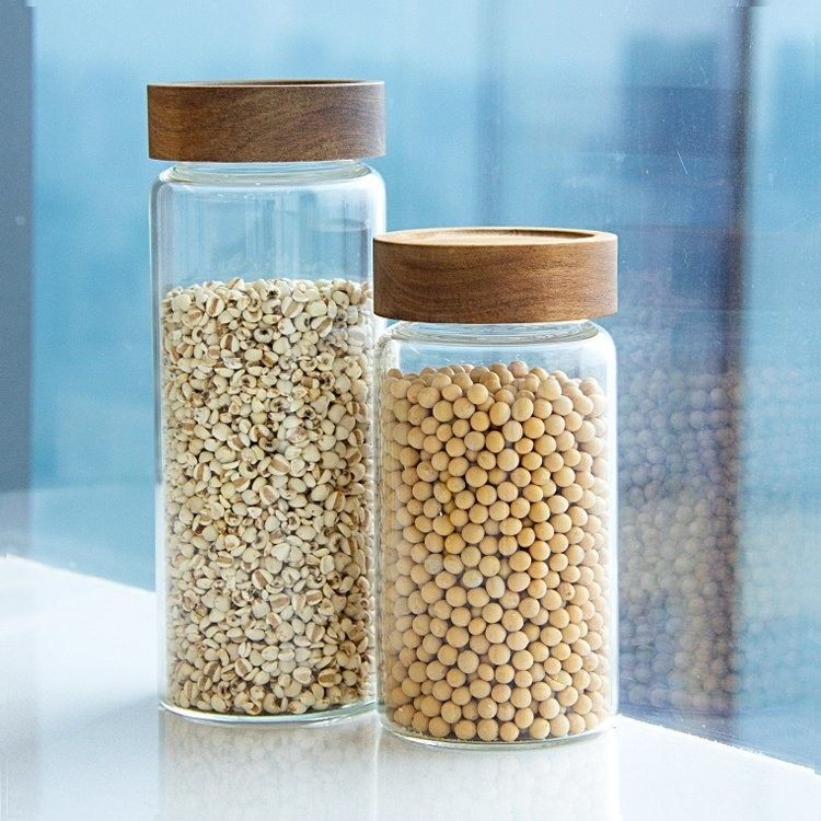 Eco-friendly High Borosilicate Food Airtight Kitchen Glass Storage Jars With Bamboo Wooden Lids