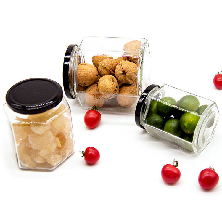 Custom Logo 100 ml 180 ml 280 ml 380 ml Jam Sauce Storage Glass Bottles Clear Hexagonal Glass Honey Jar