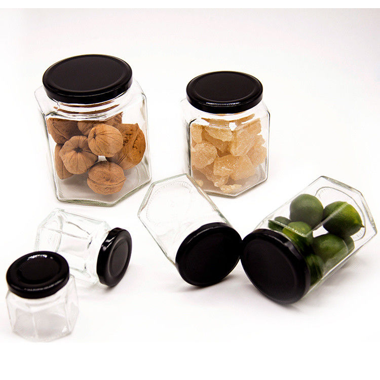 Custom Logo 100 ml 180 ml 280 ml 380 ml Jam Sauce Storage Glass Bottles Clear Hexagonal Glass Honey Jar