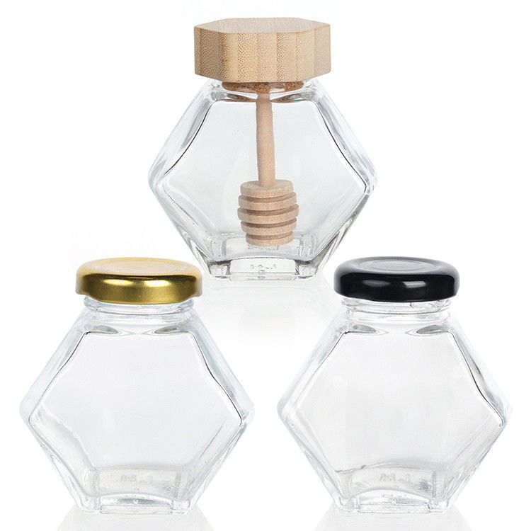 Hexagon Thickened Transparent Food Storage Different Sizes Glass Honey Jars With Sealed Metal Lids