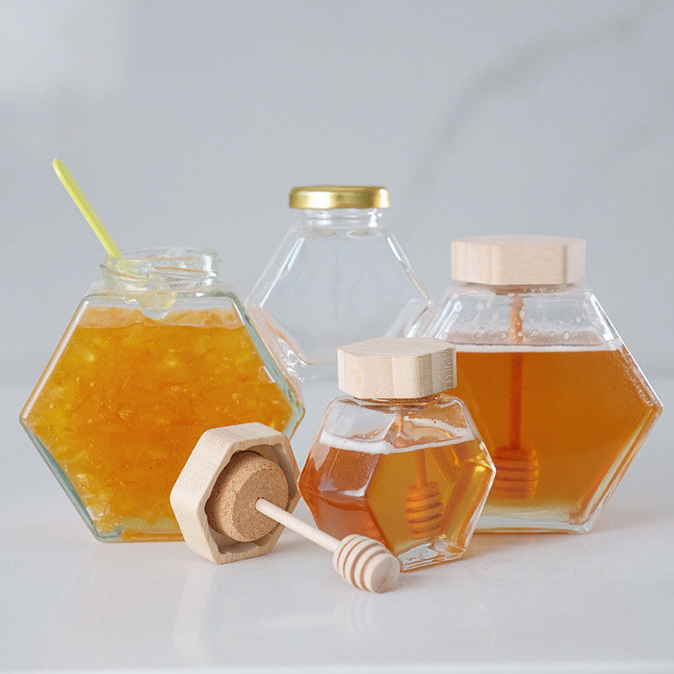 Hexagon Thickened Transparent Food Storage Different Sizes Glass Honey Jars With Sealed Metal Lids