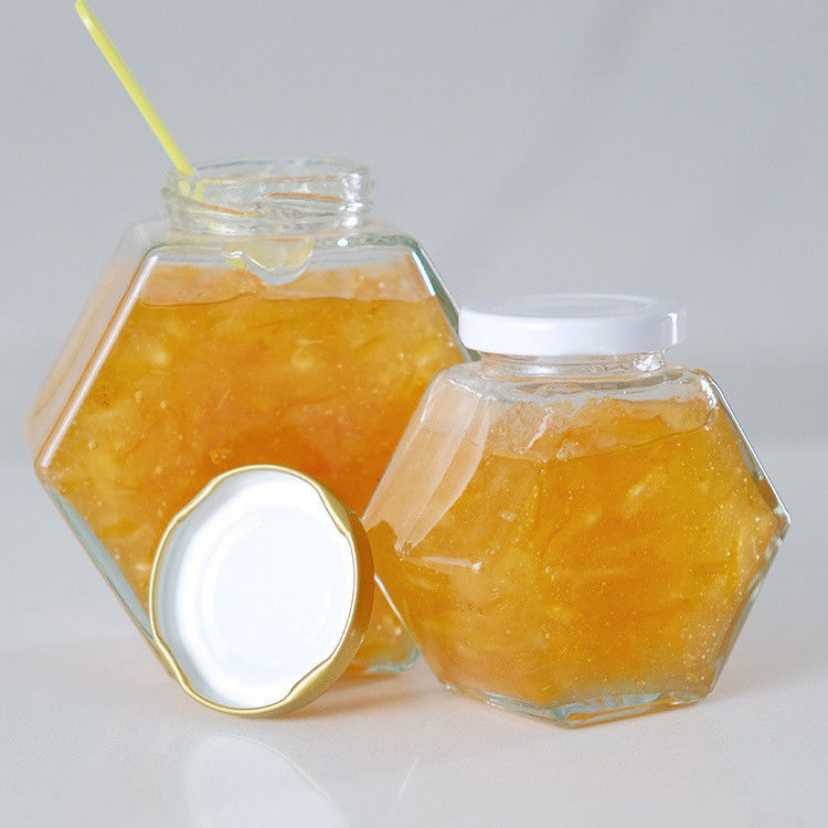 Hexagon Thickened Transparent Food Storage Different Sizes Glass Honey Jars With Sealed Metal Lids