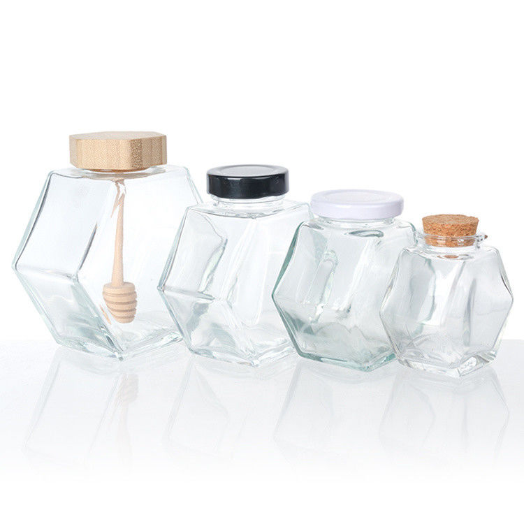 Hexagonal shape Clear Glass Kitchen Food Storage Jar With Stainless Steel Lid Or Clear Lid