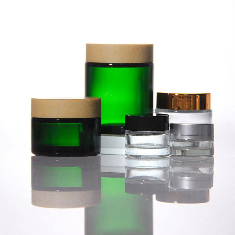 ODM Colored Cosmetics Glass Cream Jars With Golden Acacia Lid