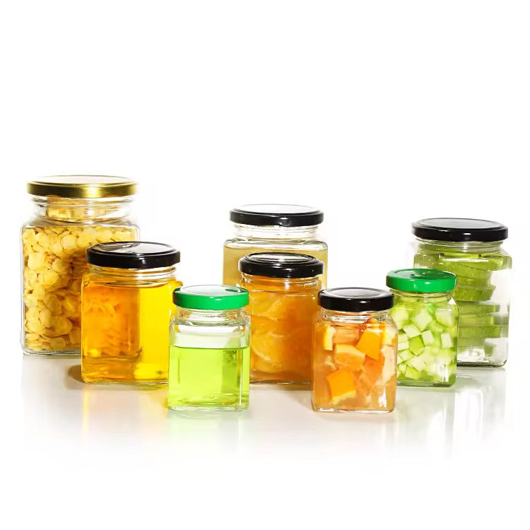High Quality Clear Empty 500ML Hexagon Square Glass Food Storage Jars Containers With Metal Lids