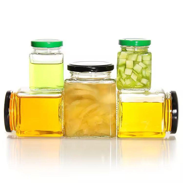 High Quality Clear Empty 500ML Hexagon Square Glass Food Storage Jars Containers With Metal Lids