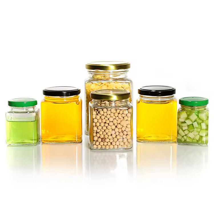 High Quality Clear Empty 500ML Hexagon Square Glass Food Storage Jars Containers With Metal Lids