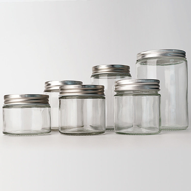 Empty Clear Glass Round Straight Side 4oz 8oz 12oz 20oz Glass Jar Food Container With Deep Metal Lid