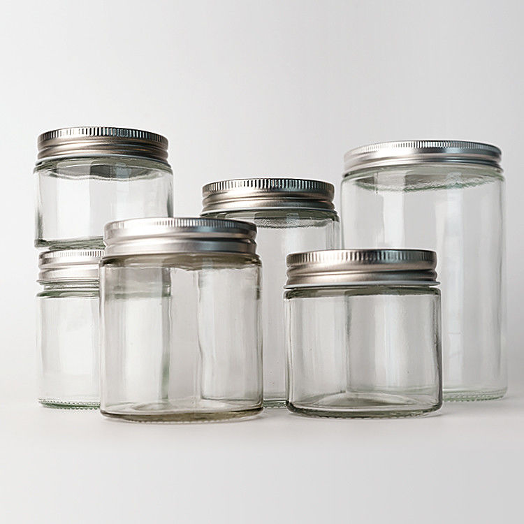 Empty Clear Glass Round Straight Side 4oz 8oz 12oz 20oz Glass Jar Food Container With Deep Metal Lid