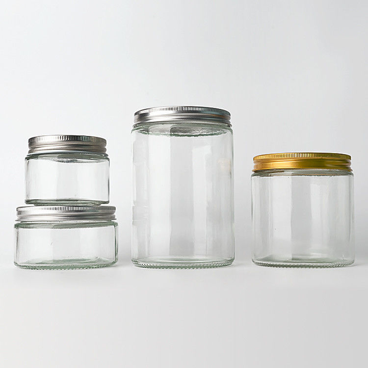 Empty Clear Glass Round Straight Side 4oz 8oz 12oz 20oz Glass Jar Food Container With Deep Metal Lid