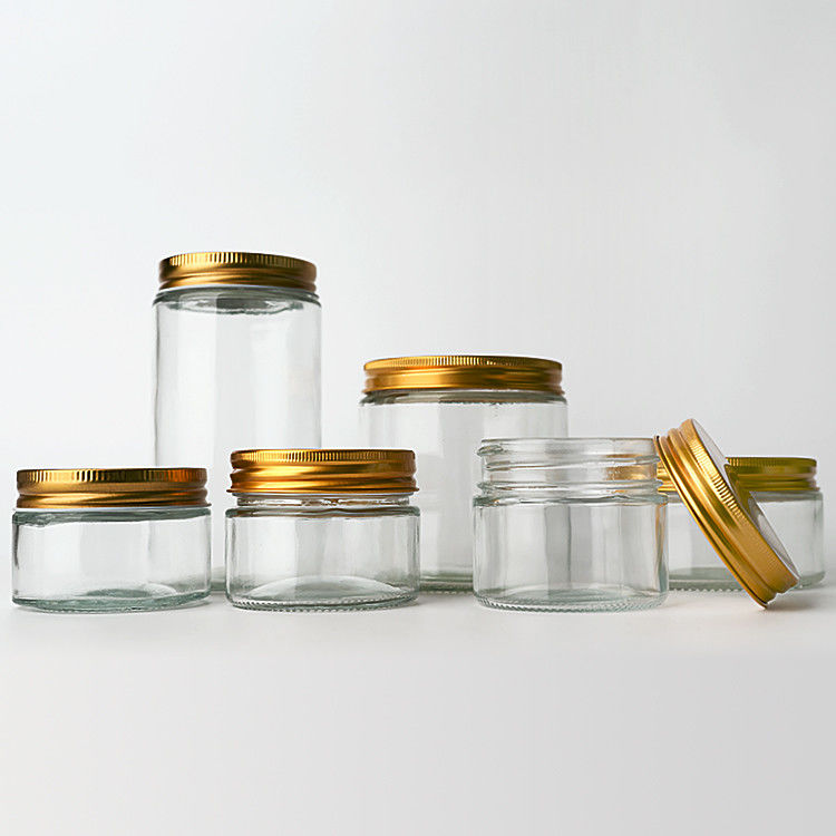 Factory Supply  8oz 12oz  Empty Clear Candy Round Containers Glass Jars With Gold Metal Lids