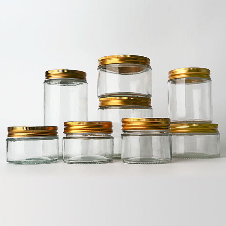 Factory Supply  8oz 12oz  Empty Clear Candy Round Containers Glass Jars With Gold Metal Lids