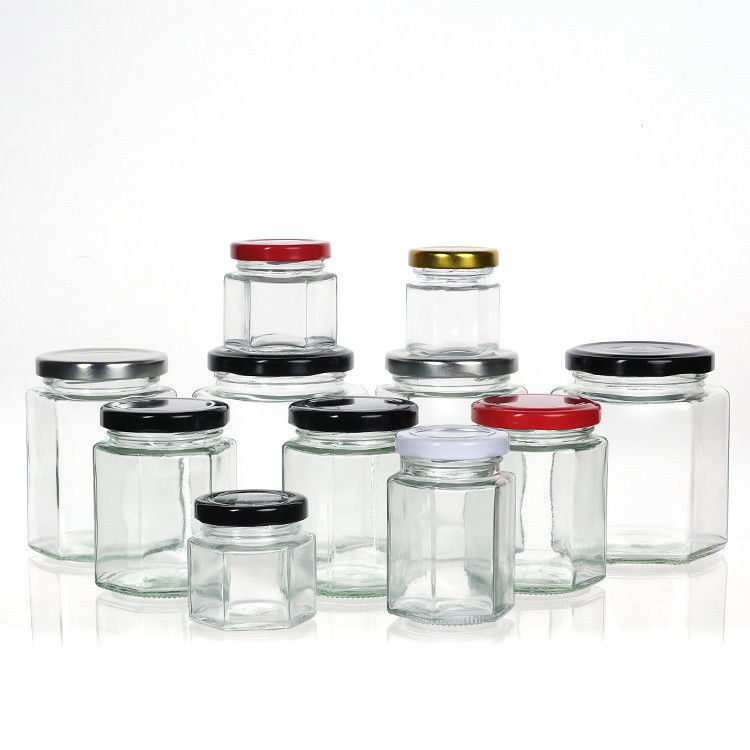 Empty Honey Bottle Glass Mini Hexagonal Honey Jar 500ml 380ml 180ml 90ml 45ml With Lid