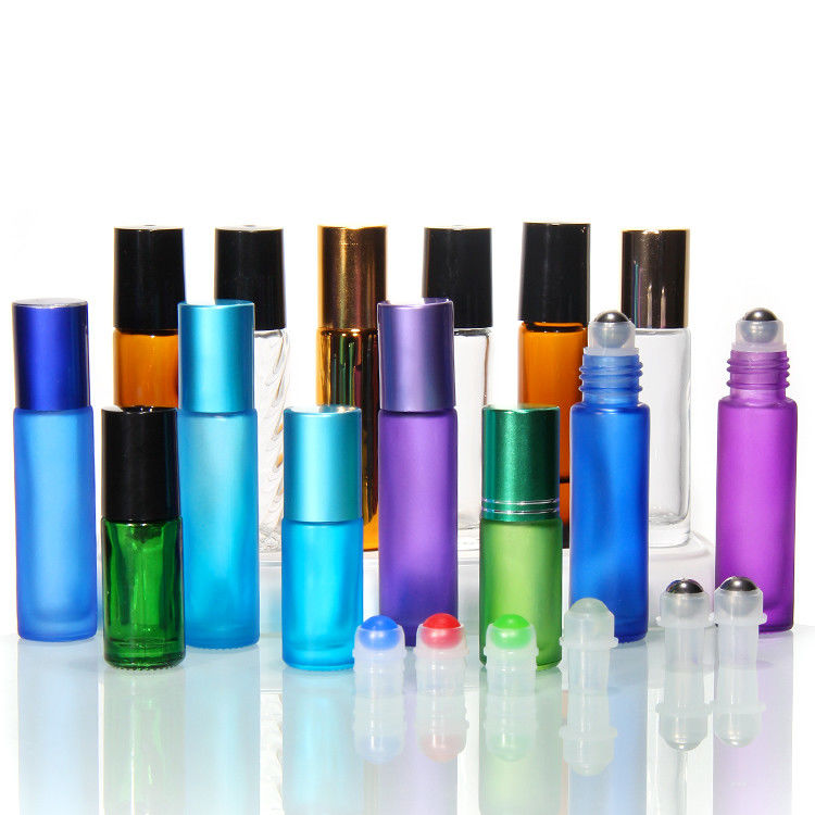 10Ml Rainbow Color Frosted Glass Roller Bottles For Essential Oil With Brushed Cap